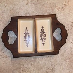 Pfaltzgraff vintage rectangle dishes on serving tray with hearts